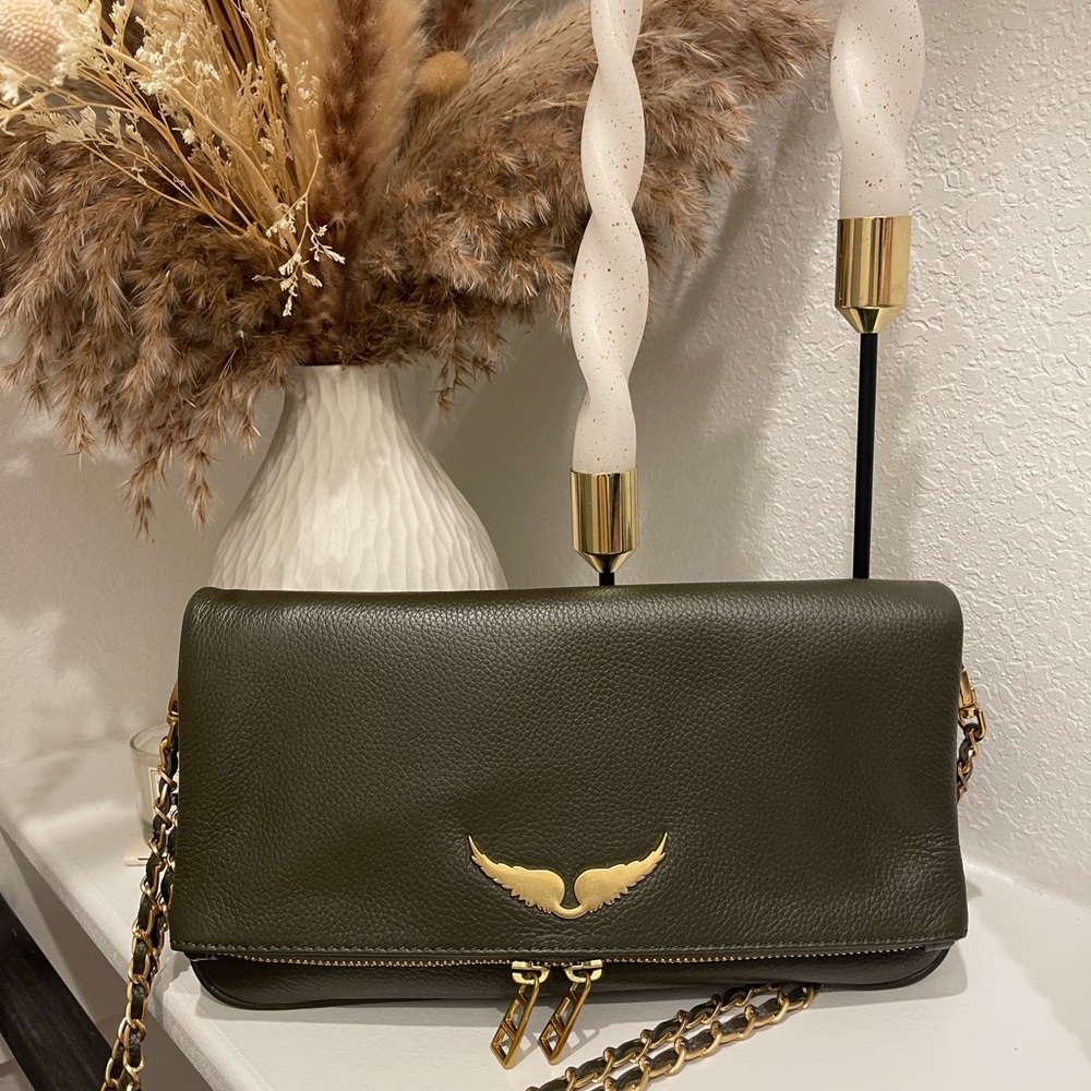 Zadig & Voltaire Dark Green Clutch with Gold Accents